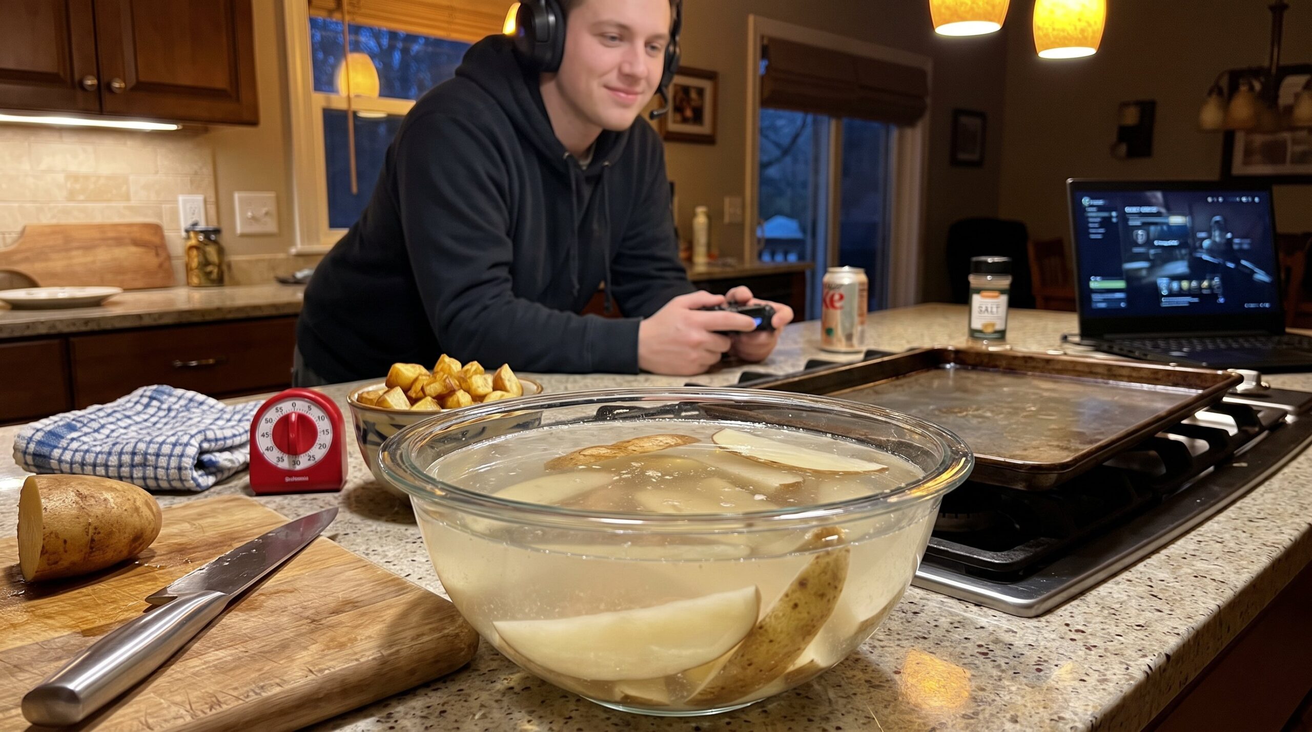 l&auml;gga potatis i vatten innan ugn